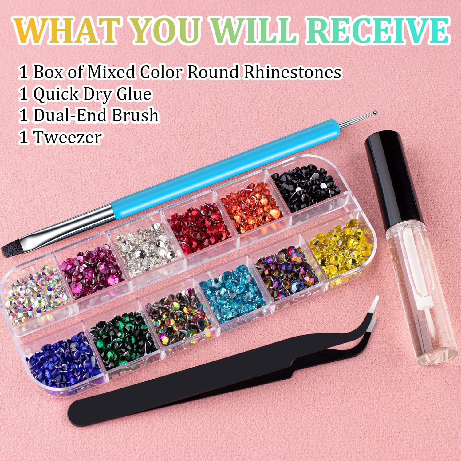 Round Flatback Face Gems Kit (Colorful) for Makeup with Quick Dry Glue + Brush +