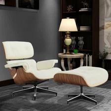 Walnut eames-style Lounge chair armchair with ottoman genuine leather Beige