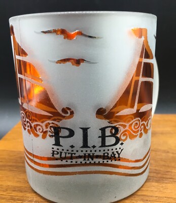 PUT-IN-BAY Ohio coffee mug frosted white & orange glass Lake Erie S Bass Island
