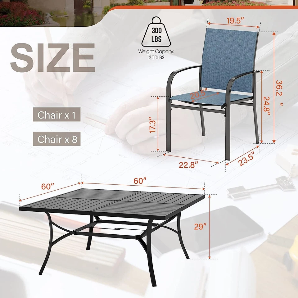 Juego de comedor de patio exterior de 9 piezas mesa cuadrada de 60" con orificio para sombrilla 8 sillas Foto 4 de 4