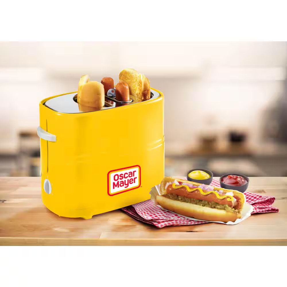 2 Slot Hot Dog and Bun Toaster with Mini Tongs, Hot Dog Toaster Yellow
