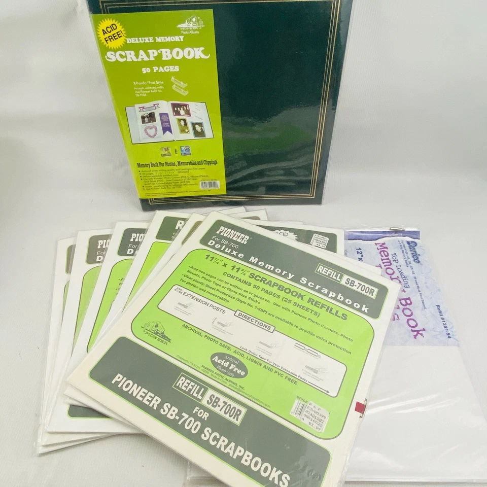 Pioneer Scrapbook Lot 12x12 Green Post Style Album SB-700R Refills Darice Pages - Image 1 of 4