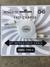 Liquipel Powertek Anti-Tangle Fast Charge Retractable USB Type-C Cable, 3-Feet