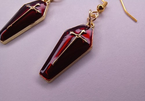 Halloween French Hook Earrings Gold Tone Red Enamel Coffin Earring Pair - Picture 12 of 13
