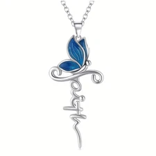 Blue Butterfly Cross FAITH Pendant Necklace Gift Silvery Trendy Women Men Trendy