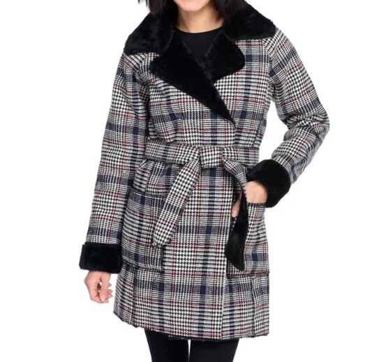 Solitaire Twill Faux Fur Convertible Faux Sherpa Lined Pocket Jacket Belt Coat