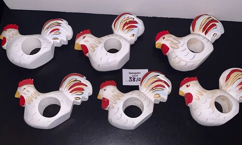 6 Wooden Napkin Rings Farmhouse Country Chicken Hen Roosters Hand Painted