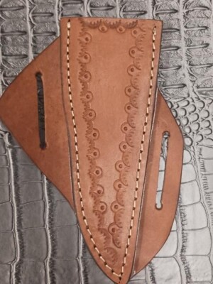 Brown Open Top Belt Loop Engraved Center 45-degree Leather Knife Sheath