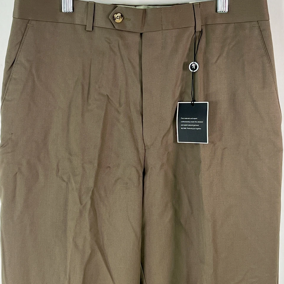 Pantalones de vestir de lana tostada tiro medio pierna recta frente plano Alfani para hombre talla 34X34 Foto 3 de 4