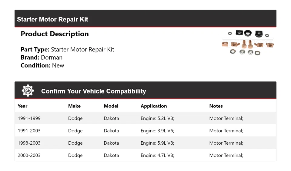 Kit de reparación de motor de arranque para Dodge Dakota Dorman 1991-2003 1992 1993 1994 1995 Foto 2 de 4