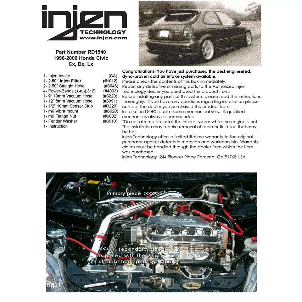 Entrada de aire frío pulido serie Injen RD para Honda Civic CX DX LX 1996-2000 Foto 3 de 4