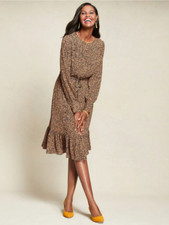 NWOT Talbots Soft Leopard Print Fit & Flare Brown Lined Tie Waist Dress 16P FX1