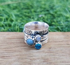 Larimar Blue Topaz Moonstone Spinner 925 Silver Ring Size 7 Available MO5654