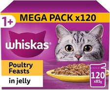 120 x 85g Whiskas 1+ Poultry Feasts Mixed Adult Wet Cat Food Pouches in Jelly 3.99 per kilo