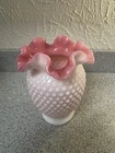 Fenton Style Pink Hobnail Milk Glass Ruffle Vase 6” Vintage Look