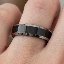 6mm Men  s Tungsten Wedding Band   Black IP Center with Steel Beveled Edges