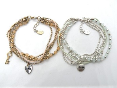 Claire's ''I Love You'' & ''Lucky'' Charm Multi Strand Beaded Gold & Silver Bracelet
