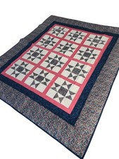 Handmade  Quilt Lap Size Pink Blue White Quilted Floral Farmhouse Cottage 48x58