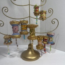 LOT OF 9FANCY VINTAGE PUSH PIN ORNAMENTS SPOOL SHAPE /BEADS, SEQUINS, TASSELS