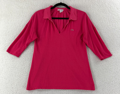 Lacoste Devanlay Polo Womens S 34 Pink V Neck 3/4 Sleeve Casual Knit Top Shirt