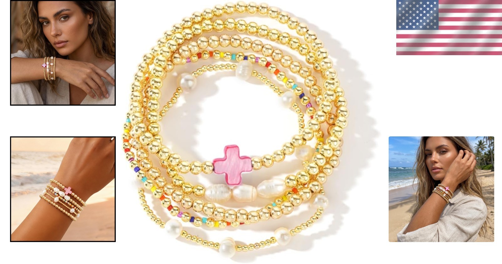 Vibrant Boho Colorful Stretch Bracelets Stack with Pearl Cross Charm - 7 Inch image 2