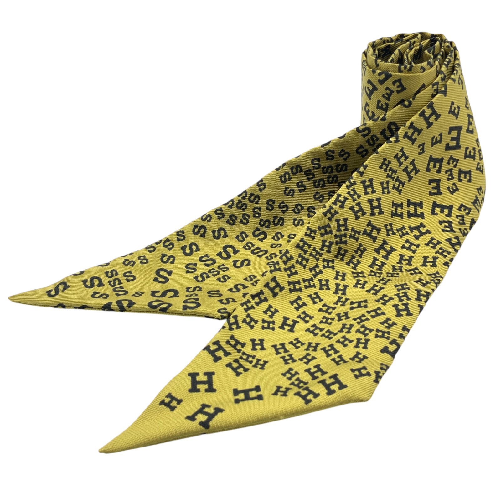 Hermes Twilly Scarf Mustard Alphabet Print for Bags or Hair Accessory r27-Jk