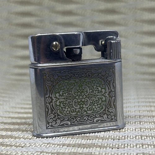 Vintage 1940s Mylflam German Foliate Guilloche Panel Automatic Lighter *Sparks*