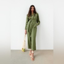 ZARA NWT Jumpsuit Modal Contrasting Stitch Romper Army Green  Small