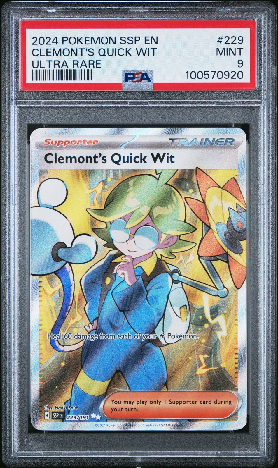 2024 POKEMON SSP EN-SURGING SPARKS ULTRA RARE #229 CLEMONT'S QUICK WIT PSA 9