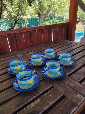 Luminarc Matys Tulip Drink Set: Yellow & Blue Floral Glass Coffee set of 6
