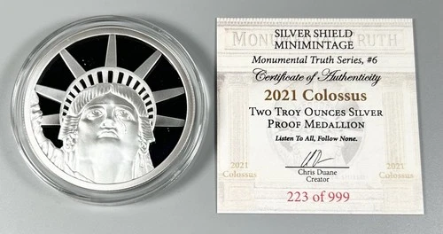 2 OZ .999 Ag SILVER SHIELD Proof COLOSSUS Liberty Mini Mintage COA 223/999