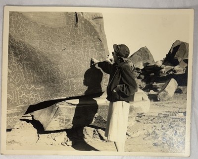 Vintage 5 x 7 Photo Of Woman Admiring An Ancient Petrograph? in Southwest USA ?