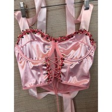 SHEIN Pink Satin Floral Embroidered Lace Up Corset Crop Top Size M Underwire