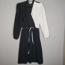Vintage Lucero Two Tone Sheer Faux Wrap Dress Black White 80's Party Size 14/16
