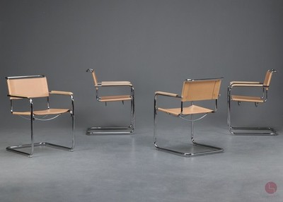 Thonet S34 Freischwinger Bauhaus Stuhl Leder Beige ca 2016 verchromt 1 von 4 TOP