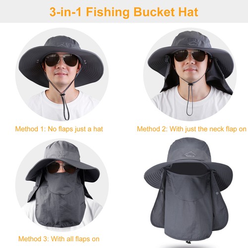Men Women UV Protection Sun Hats Neck Face Flap Cap Wide Brim Fishing Bucket Hat - Picture 4 of 49
