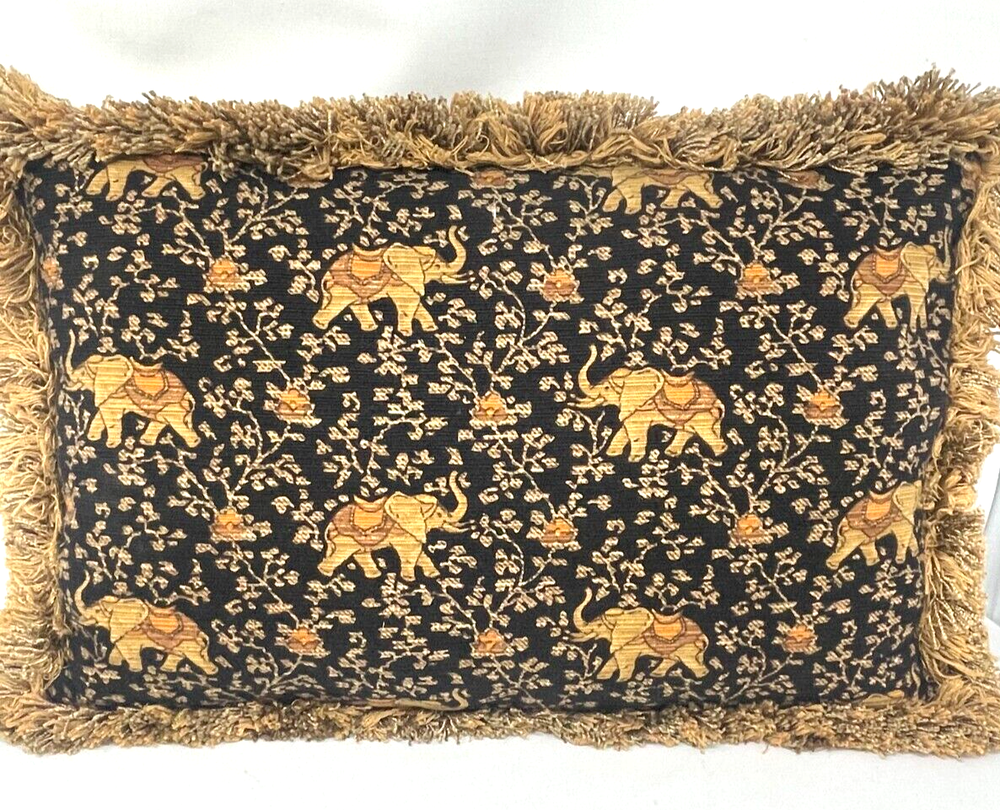 Vintage Custom Made Elephant Pillow Lumbar Navy Blue Bronze Tan Gold 19