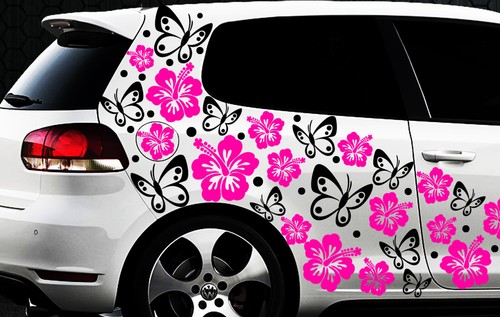 Lot D'autocollants Vintage Fleuris Pour Voiture - Motifs Hibiscus, Papillons (Set 11)
