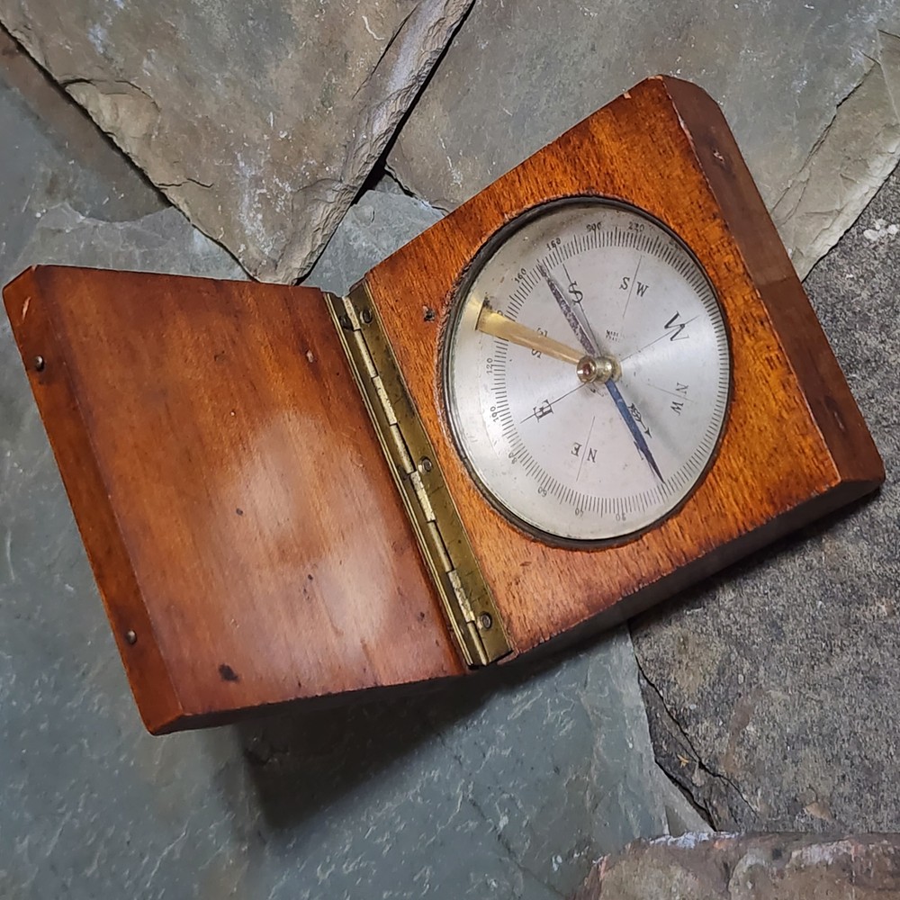 Antique Wood Cased Made in France Travel Compass Working Wooden Case