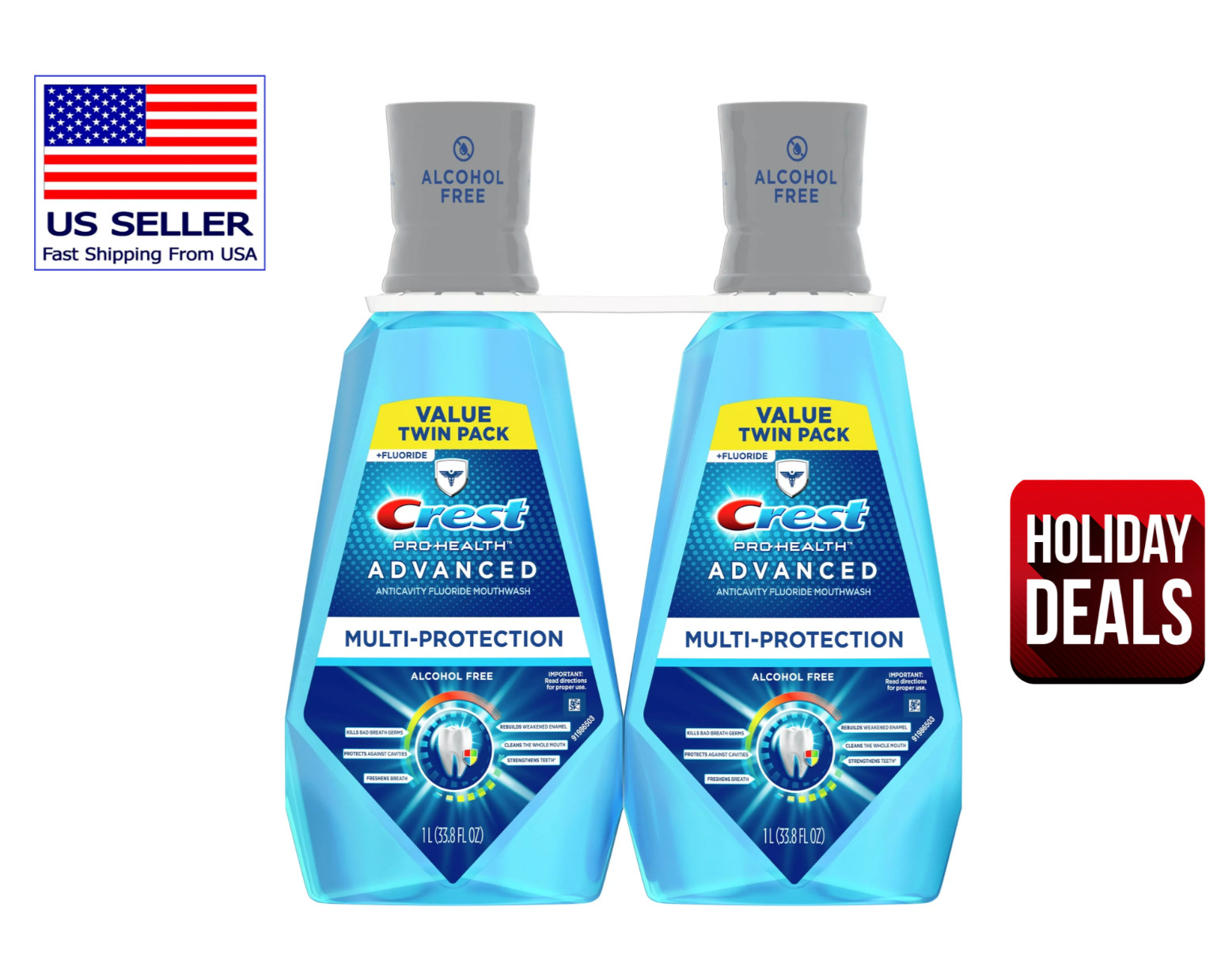 2 PACK Crest Pro Health Advanced Mouthwash, Alcohol Free, Fresh Mint, 33.8 fl oz