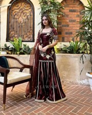Elegant Maroon Velvet Kurti Sharara Dupatta Set - Bridesmaid/Wedding Style