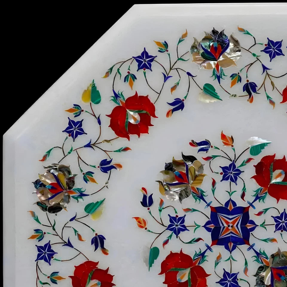 Octagon White Marble Table Top | Handmade Abalone Shell & Carnelian Inlay | Luxu - Image 3 of 4