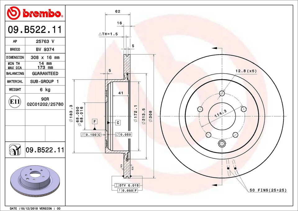 Brembo 09.B522.11 308mm Rear Disc Brake Rotor for 2009-2022 Nissan Maxima — 第 2/3 张图片