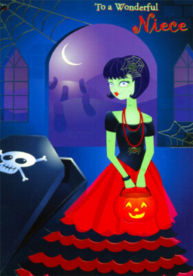 Designer Greetings Green Monster Girl with Red Lipstick and Dress Halloween Card for Teenager : Teen Niece