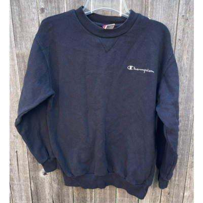 Vintage Champion Spellout Sweatshirt Youth L Embroidered Pullover Black