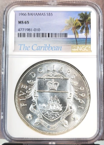 1966 BAHAMAS SILVER 5 DOLLARS COAT OF ARMS NGC MS 65 RARE GEM LONDON MINT