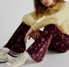 New Free People Flare Street Montana Floral Velvet Pull On Flare Pant Wine L