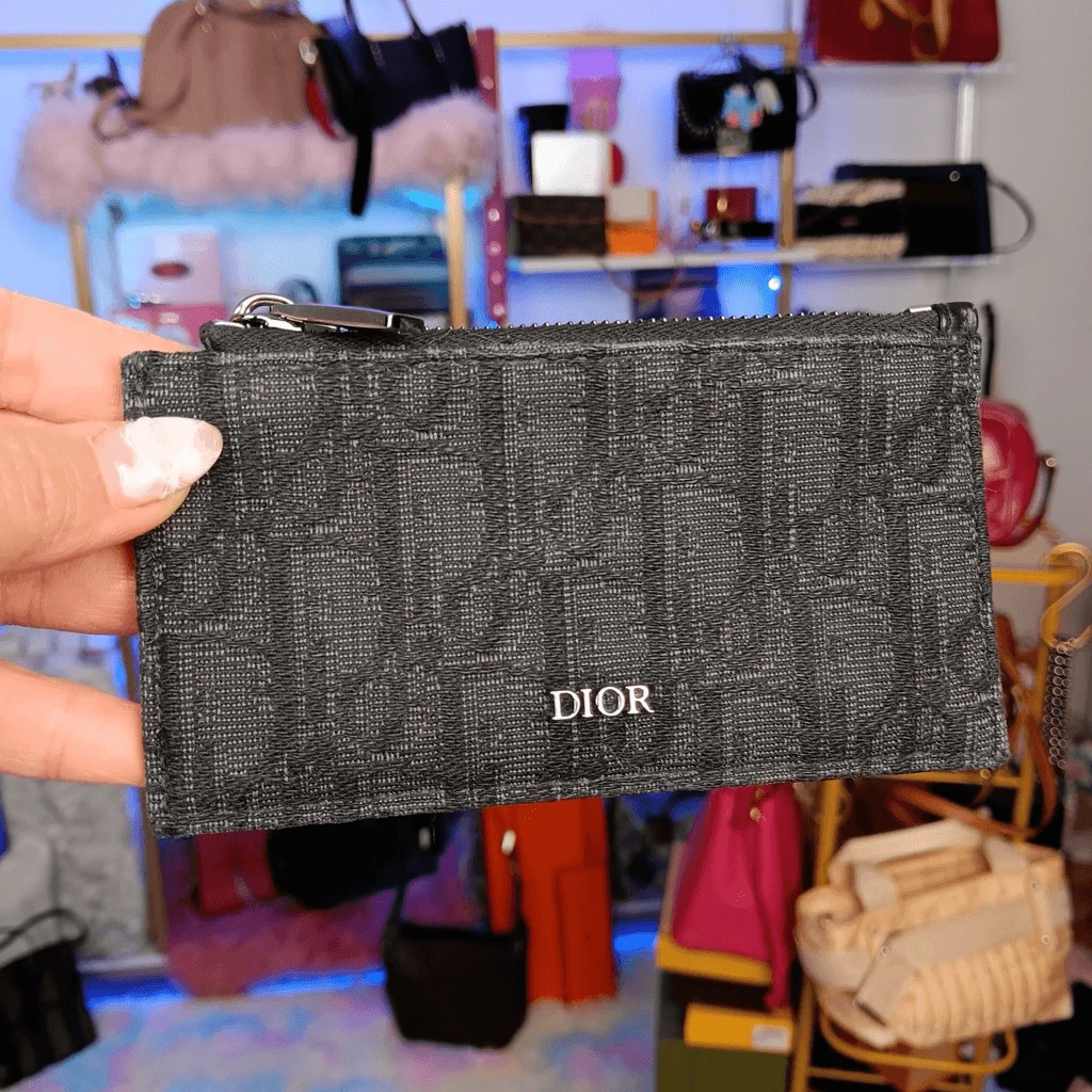 Porte carte Dior zippé jacquard oblique avec veau grainé noir
