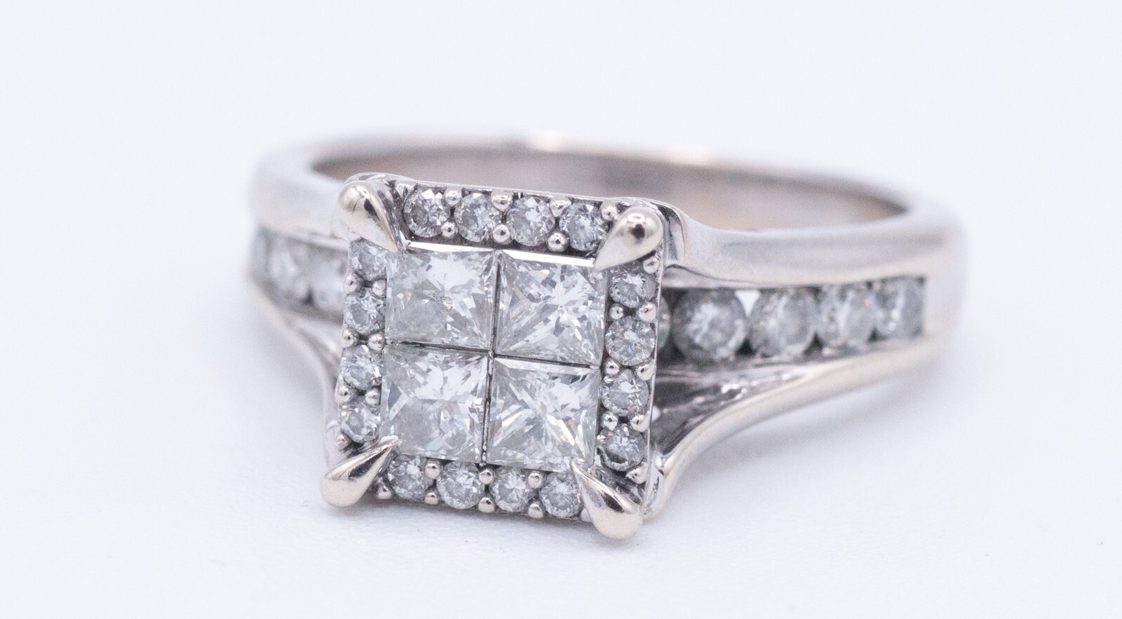 14KT White Gold .90cttw Princess Natural Diamond Halo Engagement Ring Size 7.5 14KT White Gold .90cttw Princess Natural Diamond Halo Engagement Ring Size 7.5