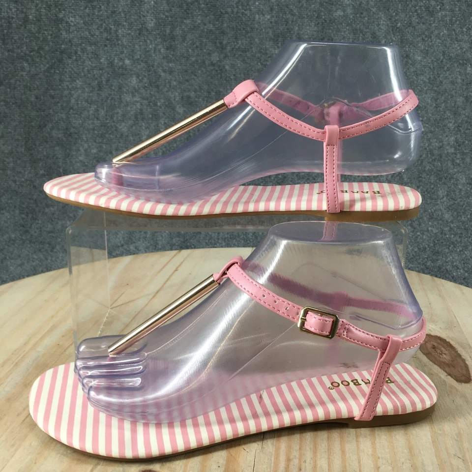 Sandalias de bambú para mujer 8 informales a rayas puntera planas con tira trasera rosa imitación cuero Foto 2 de 4